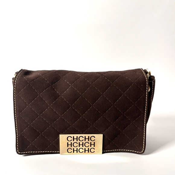 Carolina Herrera Vintage Quilted Suede Shoulder Bag with Gold CH Logo - Picture 1 of 9